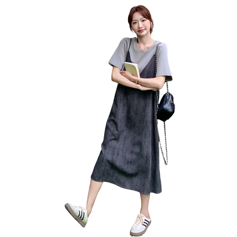 韩系简约休闲海边度假风超好看假两件连衣裙女夏季新款气质长裙,女装连衣裙,2C283