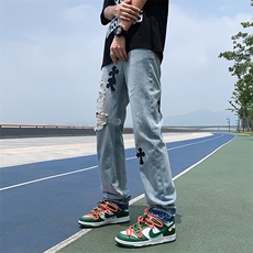 十字架印花牛仔裤男士宽松直筒阔腿裤ins潮牌N08102-P45，男装牛仔裤，星座308B-1