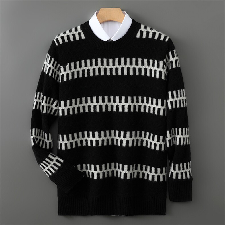 100%纯羊毛衫男士圆领拼色提花毛衣宽松加厚套头羊绒针织打底衫，男装羊毛衫，宇灿羊绒