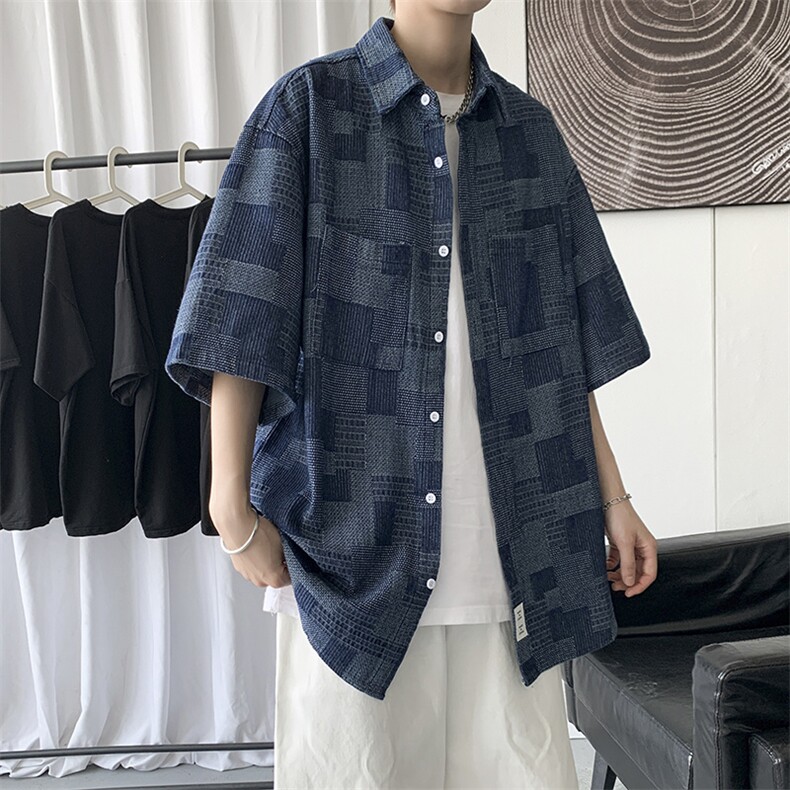 夏季新款复古翻领工装休闲衬衣男复古水洗格子短袖衬衫C1118-p50,男装衬衫,星座1008