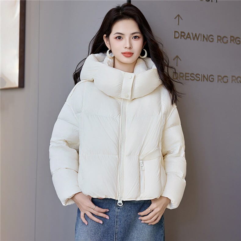 冬季保暖白鸭绒泡芙棉袄外套女抽绳调节短款连帽羽绒服图片