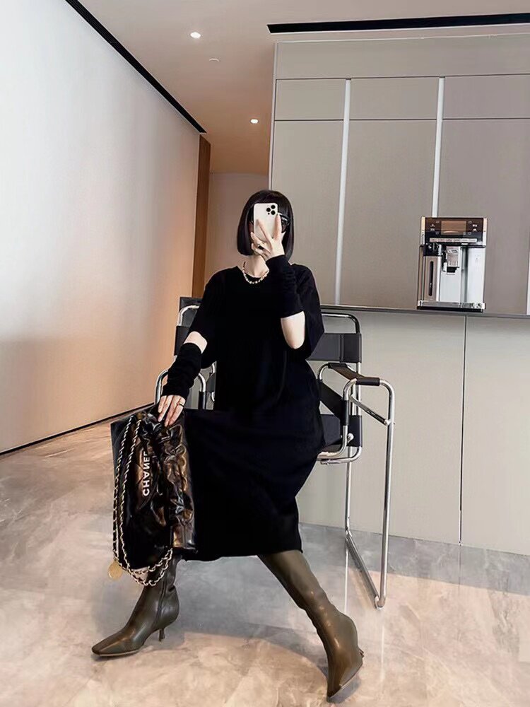 极简风中长款A型短袖时尚气质简约百搭2024年秋季连衣裙,女装连衣裙,五色羊羊绒