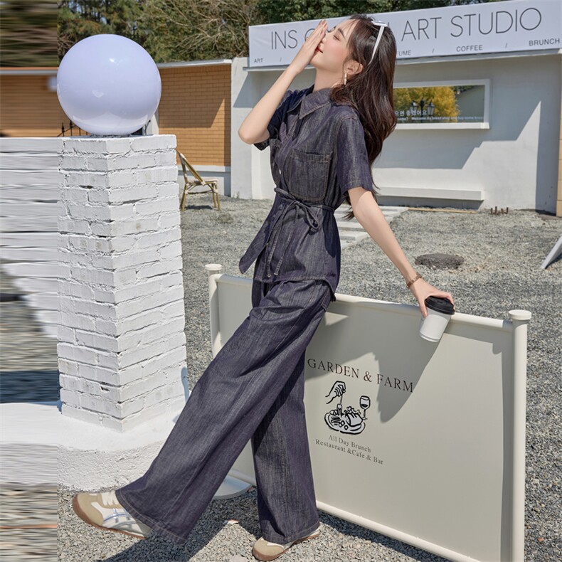 牛仔套装阔腿裤两件套春夏装女2025年新款时尚一整套穿搭显高显瘦,女装套装/套裙,江南女神