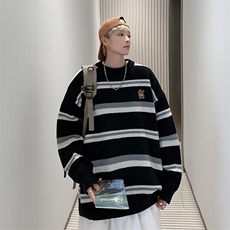 日系宽松慵懒风毛衣男秋冬条纹针织衫港风宽松情侣线衣M691-P40，男装针织衫/毛衣，星座512-2