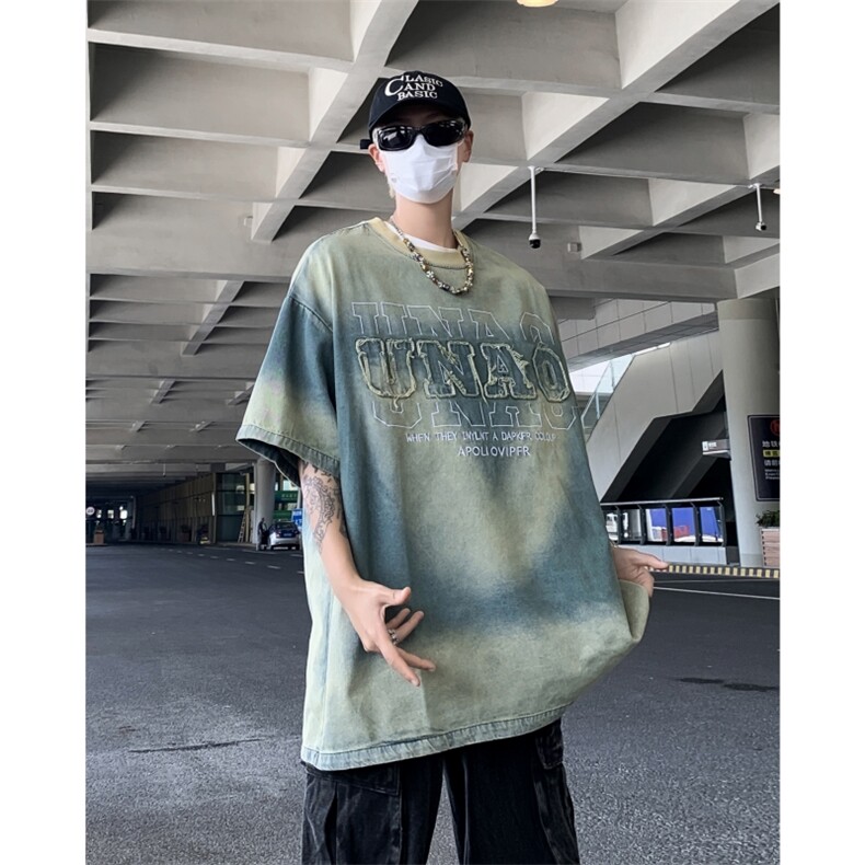 美式复古扎染水洗做旧圆领牛仔t恤男字母刺绣重工宽松短袖体恤潮,男装T恤,星座505-2（原电商A260-1)