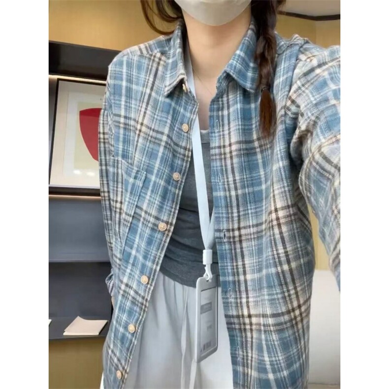 TC434-P40美式复古慵懒风宽松格子长袖衬衫上衣图片