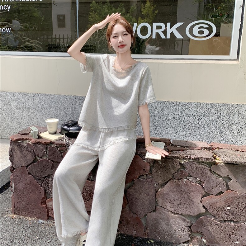 灰色设计感休闲套装女2025夏季新款法式气质流苏上衣阔腿裤两件套,女装套装/套裙,2C129