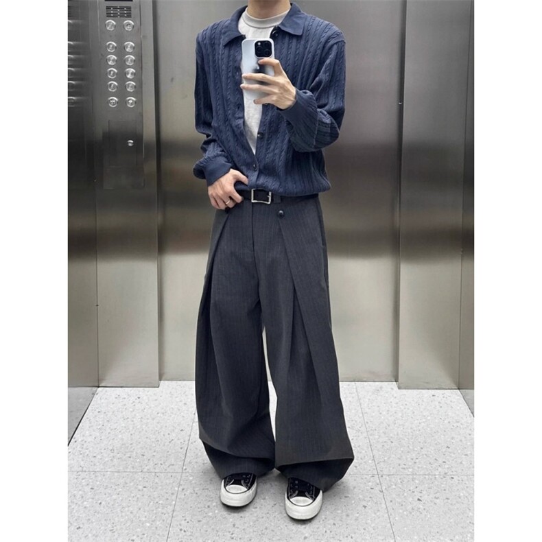 条纹TR混纺直筒微阔A字西裤cleanfit老钱垂感阔腿宽松休闲裤,男装西裤,星座506A