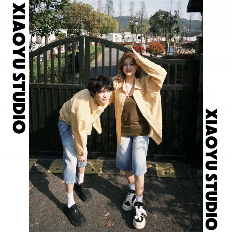 网图慎用短袖衬衣夏日清新黄色格子半袖衬衫小众上衣CS4561P45，男装T恤，电商A128