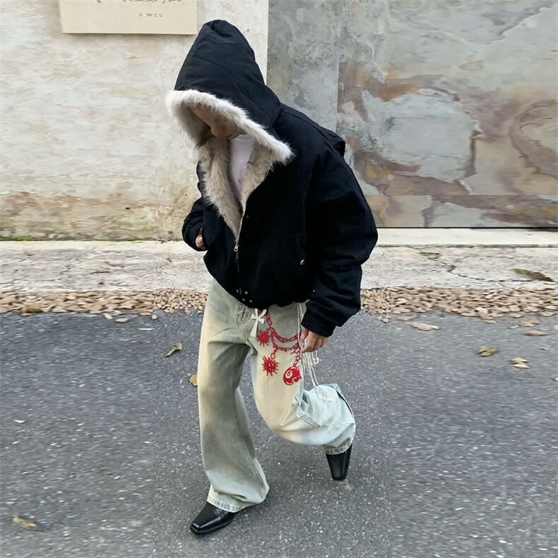 现货高品质美式高街冬季重磅硬挺短款座山雕毛领棉衣男女加厚外套,男装棉衣,电商A486-1