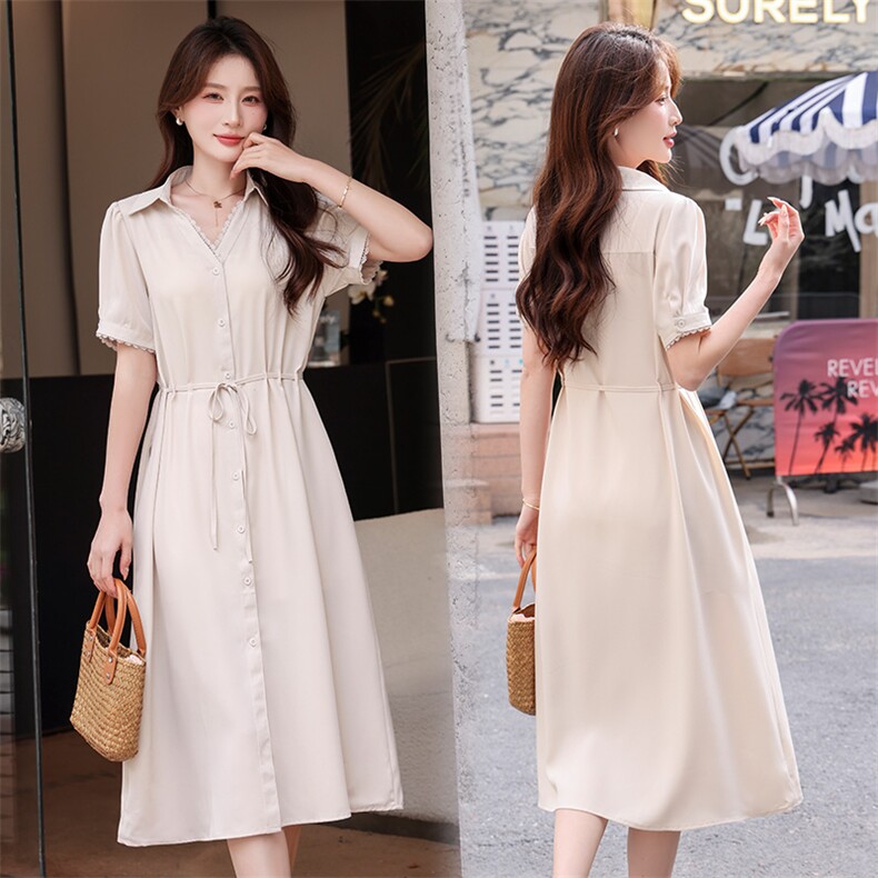 自然小铺商场同款气质衬衫连衣裙2025夏季薄款复古收腰长裙女，女装连衣裙，曼琳思菲