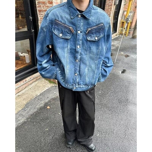 复古水洗做旧垫肩扎染牛仔外套男拉链设计感翻领夹克上衣 J8867图片