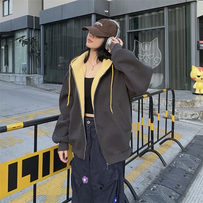 抖音得物二开美式高街重磅结构双层撞色连帽卫衣开衫外套W116,男装卫衣,电商A486