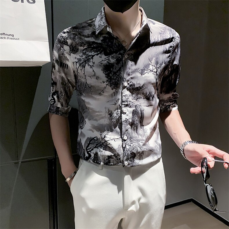 B216CS145P452025夏装新款男士山水画中袖衬衫小伙风,男装衬衫,电商B216（原B302）