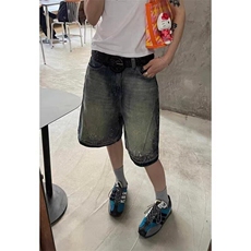 网络图美式复古泼墨直筒牛仔五分短裤男夏季新款宽松阔腿中裤潮，男装牛仔裤，星座410-7