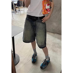 网络图 美式复古泼墨直筒牛仔五分短裤男夏季新款宽松阔腿中裤潮图片