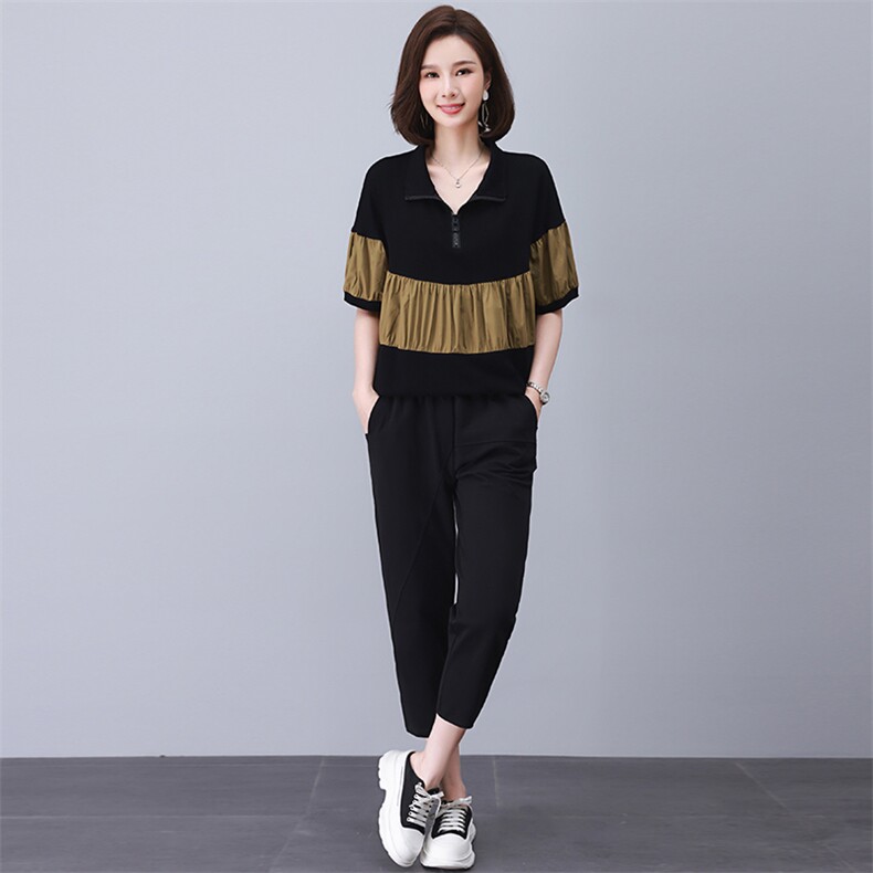 时尚洋气女套装2023年夏季新款短袖拼接上衣时髦中年妈妈装两件套,女装套装/套裙,涵誉
