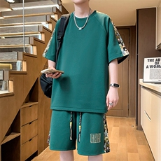 刺绣拼接夏季T恤一套短裤两件套休闲运动套装男A266-TZ9907-P47，男装休闲套装，电商A266