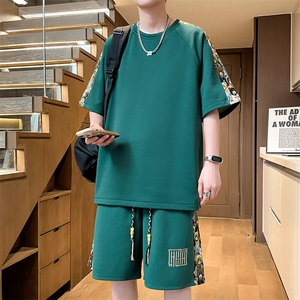 刺绣拼接夏季T恤一套短裤两件套休闲运动套装男A266-TZ9907-P47图片