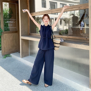 韩版时尚高级感两件套女2025夏季新款无袖背心上衣阔腿裤套装潮图片