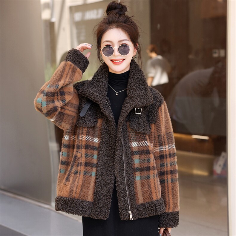 羊羔绒皮毛一体外套女冬2025新款百搭格子加厚今年流行棉衣女大衣,女装棉衣/棉服,意芙