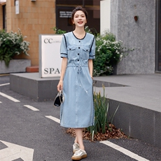 时尚显瘦夏季牛仔连衣裙中长款女修身百搭气质淑女风，女装连衣裙，秋水欣儿