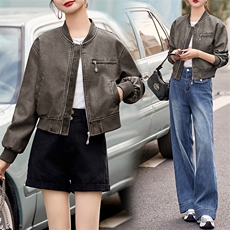 现货时髦做旧复古PU皮衣夹克外套女小个子2024新款短款立领机车服，女装皮衣，江南女神