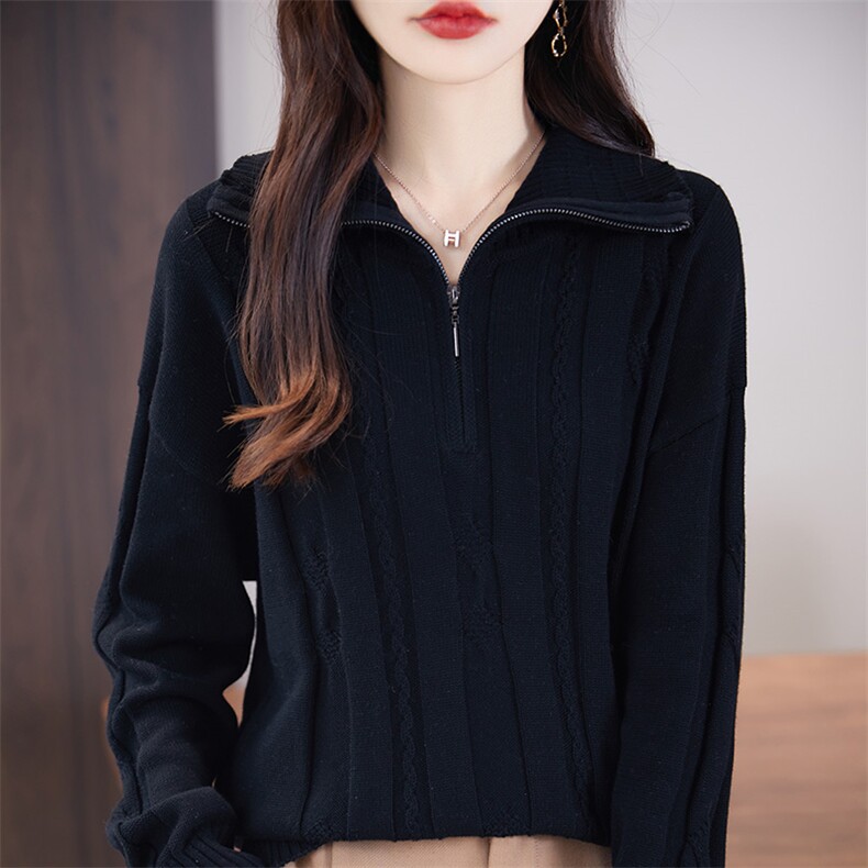 重磅加厚纯棉线针织拉链半开领毛衣女2025秋冬保暖翻领长袖打底衫,针织衫/毛衣,佳绒高端店