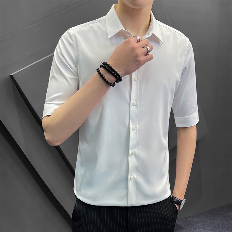 冰丝夏季衬衫男韩版修身潮流五分袖商务高级感白衬衣8315P65控118图片