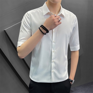 冰丝夏季衬衫男韩版修身潮流五分袖商务高级感白衬衣8315P65控118图片