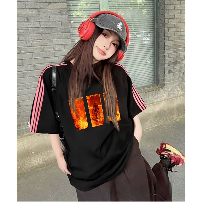 抖音得物品质二开240克宽松纯棉美式潮牌印花三条杠中性风短袖T恤,男装T恤,电商A486