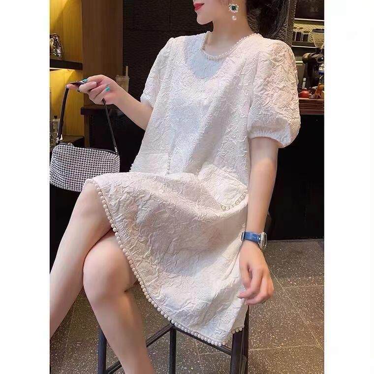 珍珠边压花连衣裙，女装连衣裙，斐媞梦