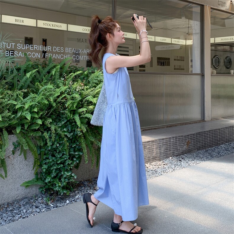 蓝色小清新温柔风无袖连衣裙女夏季2025年新款韩系ootd穿搭背心裙,女装连衣裙,2C159