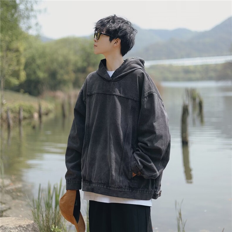 牛仔卫衣男连帽春美式重磅硬挺oversize潮牌慵懒chic外套A008/P68,男装卫衣,星座506