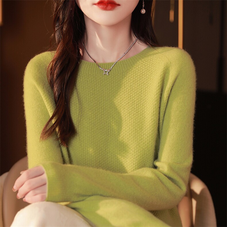 时尚百搭羊毛圆领毛衣简约慵懒风显瘦针织衫,女装羊毛衫,邓利维