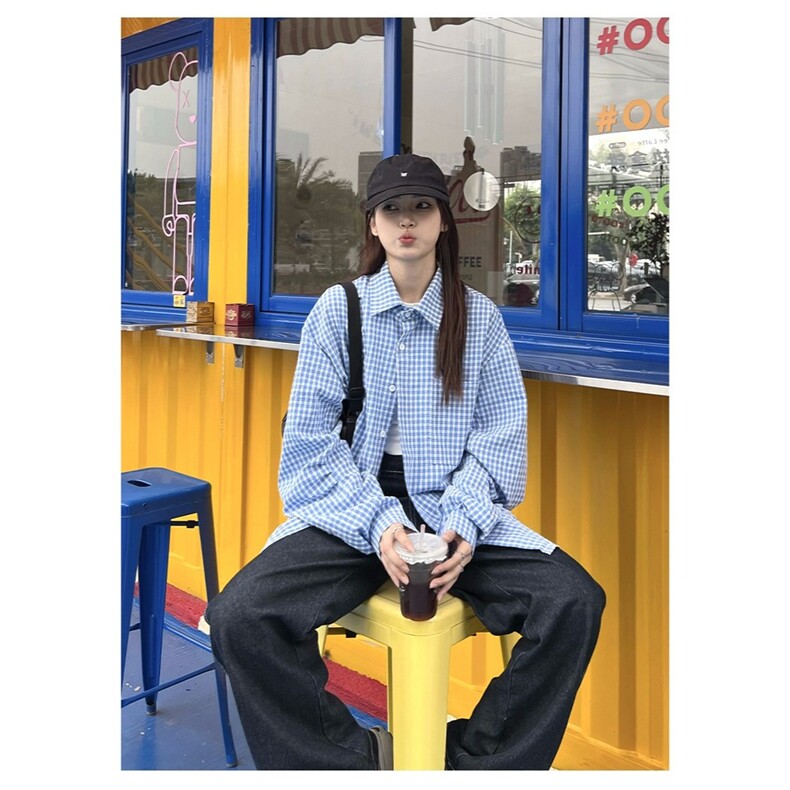 夏日韩版格子蓝色衬衫女宽松男友风衬衣宽松显瘦防晒开衫垂感外套,男装防晒衣,星座1210-1