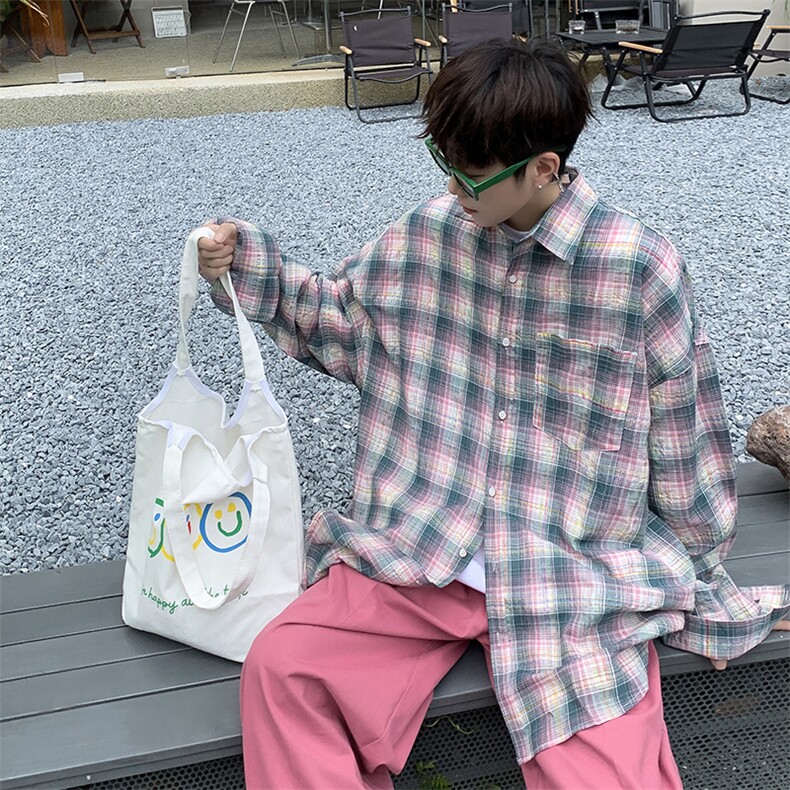 日系格子衬衫男女秋季情侣上衣外套vintage港风长袖衬衣RC90-P45,男装衬衫,星座1008