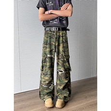 美式水洗做旧迷彩割破宽松多口袋工装牛仔裤微喇男女潮N07627-P62，男装牛仔裤，星座308B-1