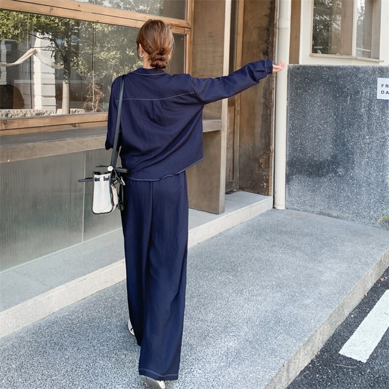 深蓝色淡人松弛感套装女2025秋季慵懒风上衣条纹背心阔腿裤三件套,女装套装/套裙,2C028