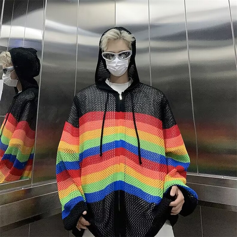 多巴胺条纹镂空针织开衫男潮牌撞色连帽长袖YB6022P48,男装卫衣,星座1116-2