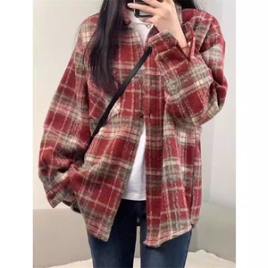 格子衬衫外套女慵懒风复古秋冬磨毛新款宽松长袖休闲衬衣 CN502图片