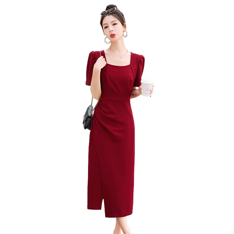 现货新款2025年夏季气质淑女方领高级感收腰显瘦法式连衣裙,女装连衣裙,蓝诺裳