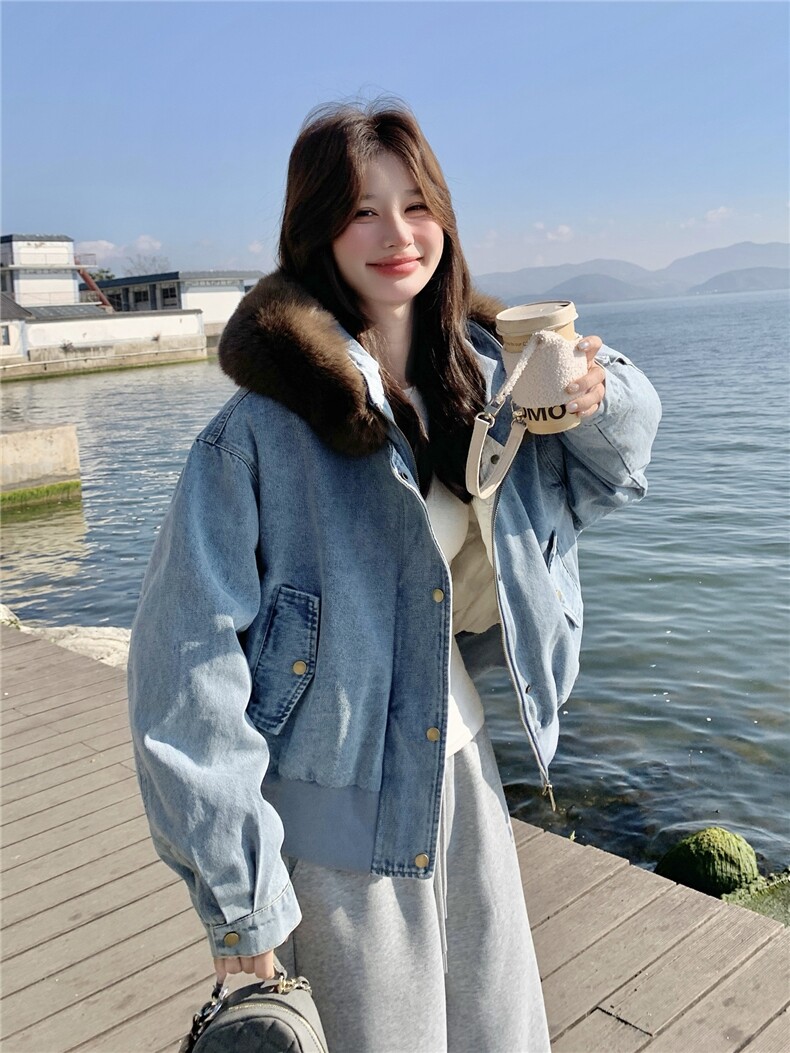 美式复古宽松加绒保暖羽绒内胆连帽牛仔外套女可拆卸毛领宽松夹克,女装羽绒服,艾米莉亚