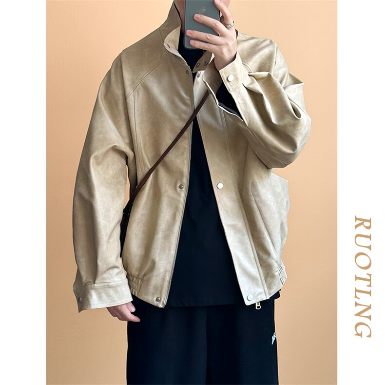 主推现货新款立领皮衣外套男宽松休闲机车皮夹克A351-AP2465-P105,男装夹克,电商A351