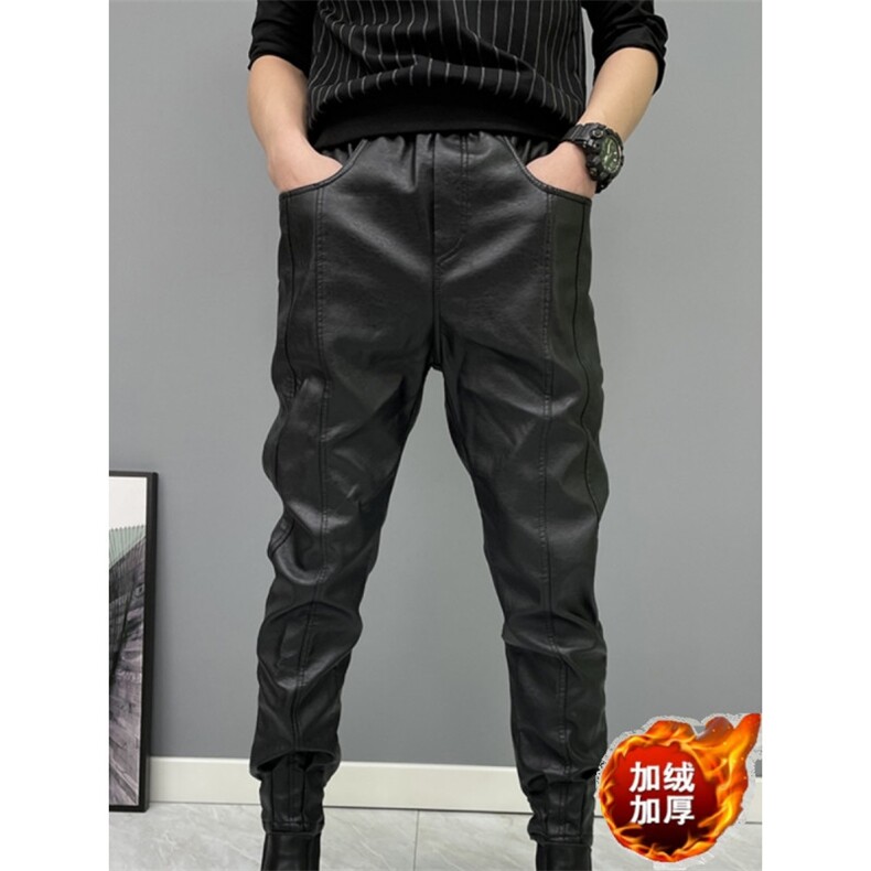 冬季加绒黑色休闲皮裤男士防风防水工作服外卖骑行裤男摩托车皮裤，男装皮裤，星座1210-1
