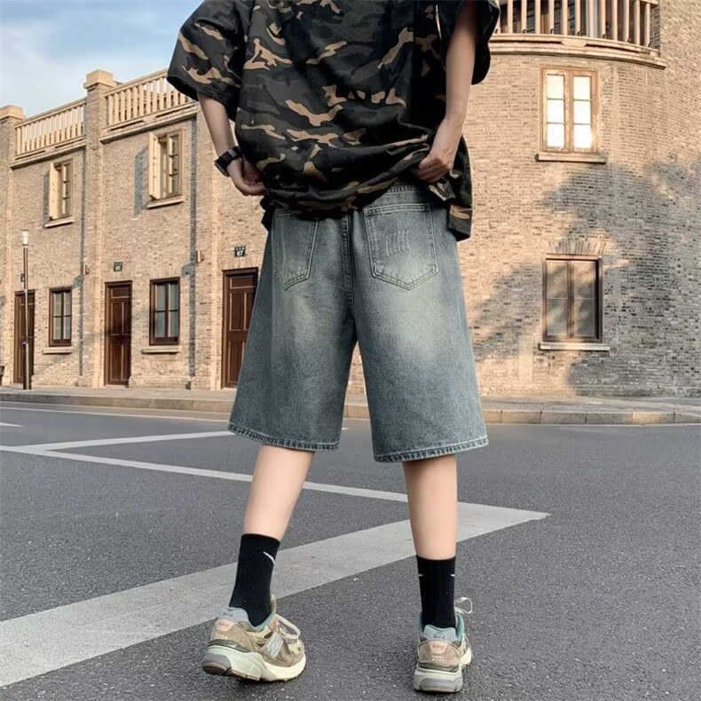美式潮牌薄款阔腿宽松痞帅五分短裤男高街膝盖破洞水洗牛仔裤,男装牛仔裤,星座1013