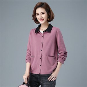 秋季短款外套polo领2021新款修身显瘦单排扣拼色上衣40-49周岁图片