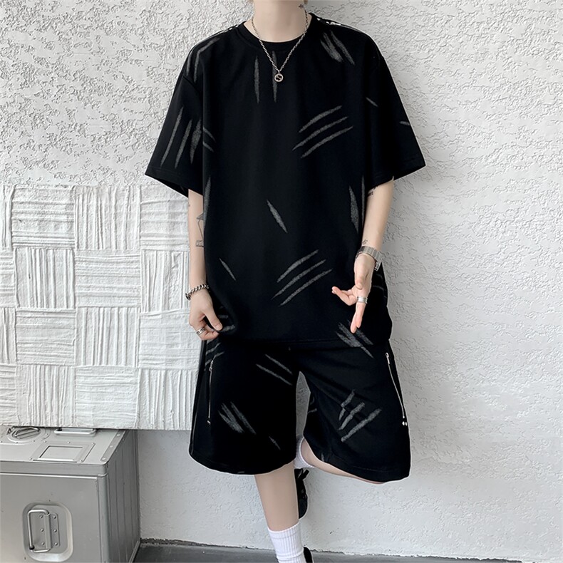 高品质猫爪布美式机车拉链套装夏季新款设计短袖短裤套装特P70,男装休闲套装,电商B319
