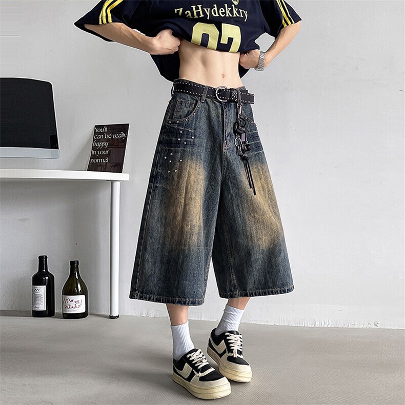 美式复古阔腿七分牛仔裤男女夏季宽松休闲直筒中裤N06682-P48,男装牛仔裤,星座308B-1