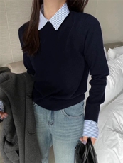 时尚百搭拼接假两件套头衫经典衬衣领设计优雅显瘦羊毛衫，女装羊毛衫，圣旺供货